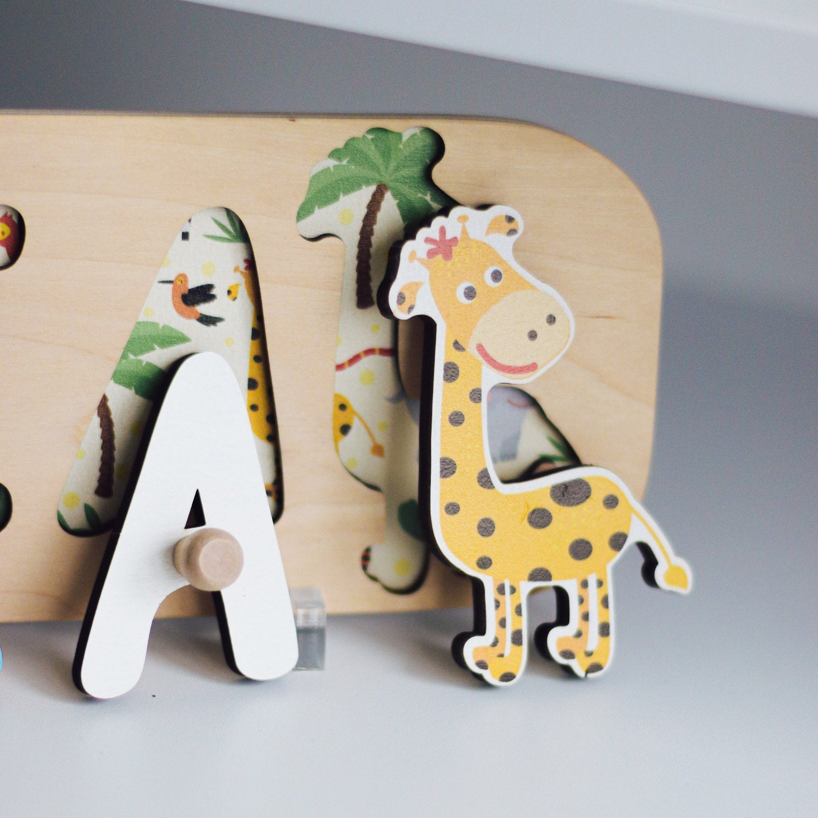 Personalized Safari Name Puzzle for Kids – Wooden African Animal Name Board for Toddlers & Nursery Decor